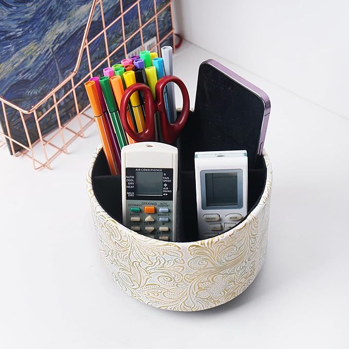 lizimandu Round Leather Art Supply Organizer,Remote Control Holder,360 Degree Spinning,Multi-Functional Pencil Holder,4 Compartments Desktop Stationary Organizer(1-Carved White Gold)