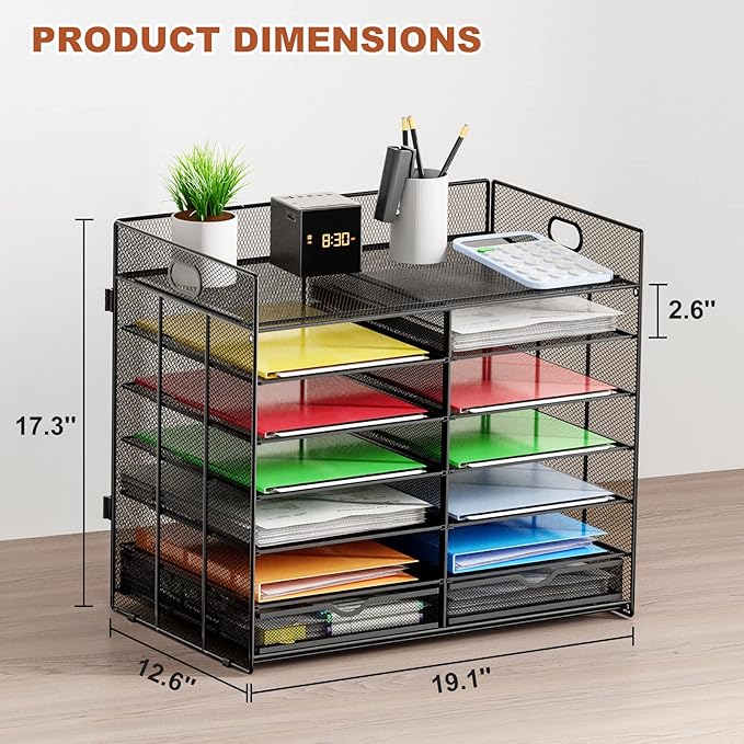Marbrasse 7 Tier Desktop Literature Organizer, Mesh Paper Organizer, Desk Organizers with Drawer, File Sorter Mail Center Paper Storage Cabinet Classroom Keepers Mailbox for Office Home School (Black)