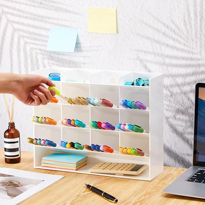 Acrylic Pen Organizer Storage for 200 Markers Vertical Marker Organizer Acrylic Pen Display Holder for Office Desk Desktop Stationery Pencil Storage, White, 13 x 4 x 10.2 Inch