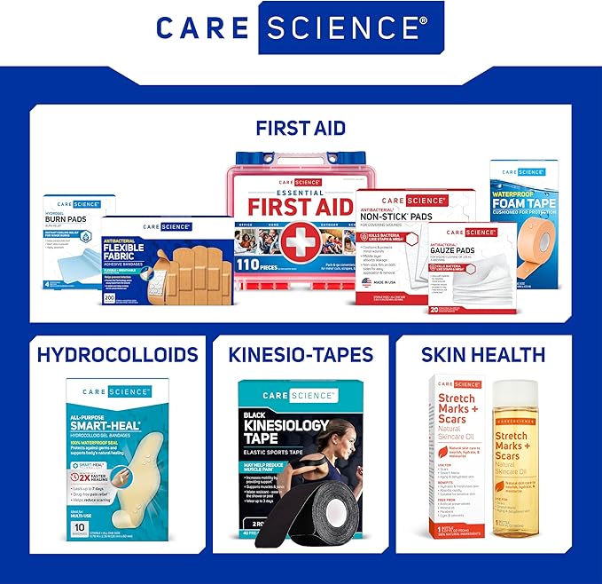 Care Science Fabric Adhesive Bandages, 100 ct Assorted Sizes | Flexible + Breathable Protection Helps Prevent Infection for First Aid and Wound Care (Pack of 2)