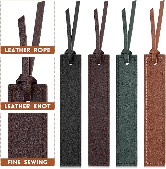 4 Pcs Leather Bookmark, Classic Stitched Bookmark with Leather Rope, Bookmarks for Men, Handmade Stitched Book Marks Page Markers for Book Reader Teachers Students School Office