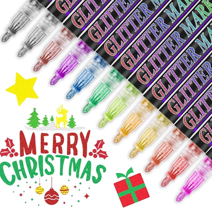 Glitter Marker Pens, 12 Colors Metallic Shimmer Glitter Markers Paint Pens, Glitter Art Marker for Kids Adults DIY Crafts Greeting Birthday Cards Making Poster Album Scrapbooking Wood