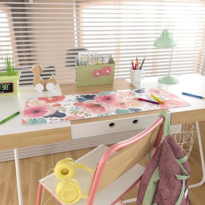 Colorful Star Large Mouse Pad, Pink Floral Desk Mat for Desktop, Women Girls PU Leather Waterproof Gaming Mousepad, Computer PC Laptop Protector Flowers Desk Pads for School Office Home 31.5" x 11.8"