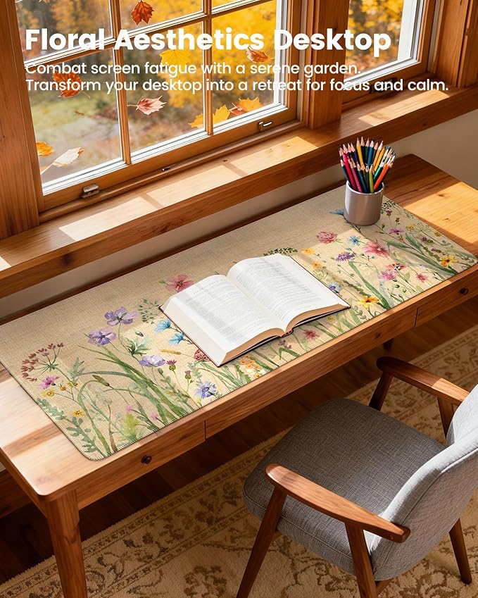 iCasso Desk Cover Mat, Extra Large Floral Mouse Pad, Desk Pad Mat,Office Matt for Desktop Protector, Anti-Slip XXL Big Mousepad with Stitched Edges for Laptop Computer Keyboard(Beige)