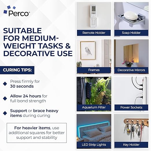 Perco Nano Double Sided Tape Squares, Clear Tape, 30 2"x2" Pre-Cut Mounting Squares – Strong Adhesive for Medium Items, Wall Décor, Mirrors, Posters, Photos, Crafts, Home, Office, DIY Projects