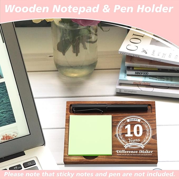 10th Work Anniversary Sticky Note Holder Wooden Notepad & Pen Holder 6.5" x 4.7" Sticky Note Pad Holder Dispenser for Desk Difference Maker Work Appreciation Gifts, NPA228