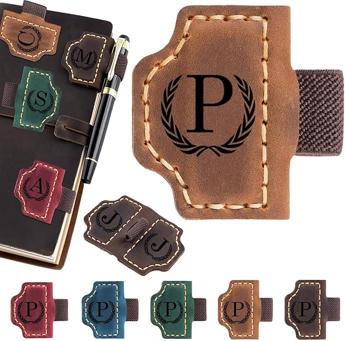 Personalized Magnetic Leather Bookmark with Pen Holder - 26 Letters Custom Book Mark with Name Initial Engraved Book Marker for Readers, Book Lovers, Travelers - Gift for Women & Men(Light Brown，P