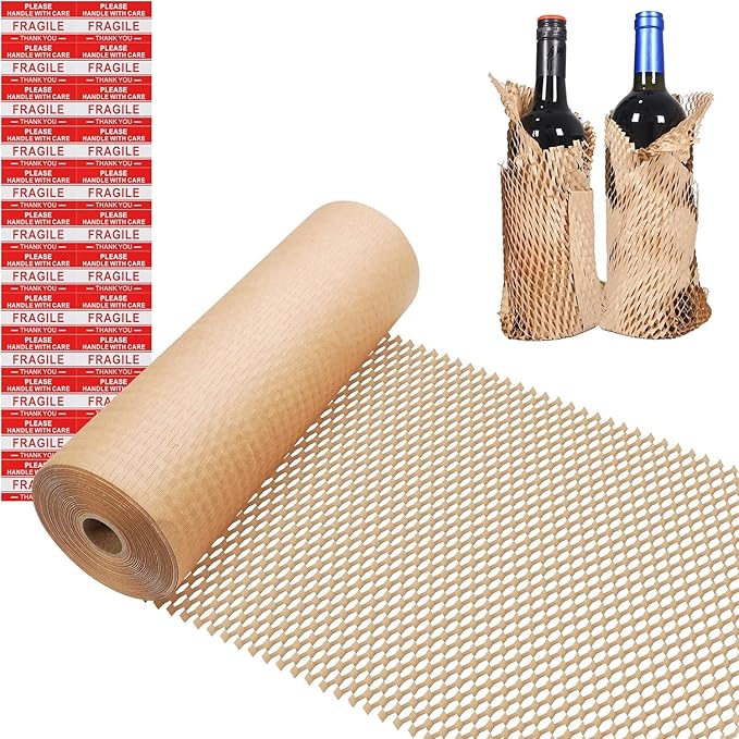 Honeycomb Packing Paper Wrap 12"x200' Sustainable Alternative to Bubble Wrap for Moving Shipping/Gift, Biodegradable & Fully Recyclable Bubble Paper Wrapping with 20 Fragile Sticker…