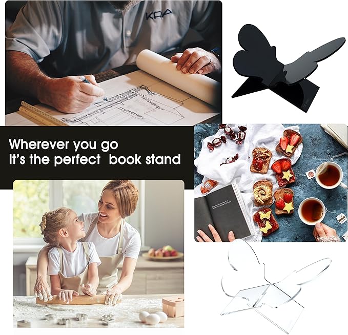 Large Butterfly Clear Acrylic Book Stand - Perfect for Displaying Open Books on Coffee Table - Ideal for Bibles, Cookbooks, Guestbooks, Magazines, Each With a Lucite Paperweight
