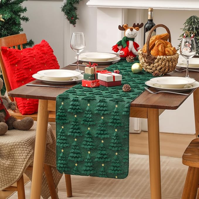 Christmas Table Runner 13x72 Inch, Xmas Trees Star Winter Holiday Decorative Farmhouse Table Decorations for Kitchen Dinning, Indoor Outdoor Dinner Party Decor (Green) 1 Pack