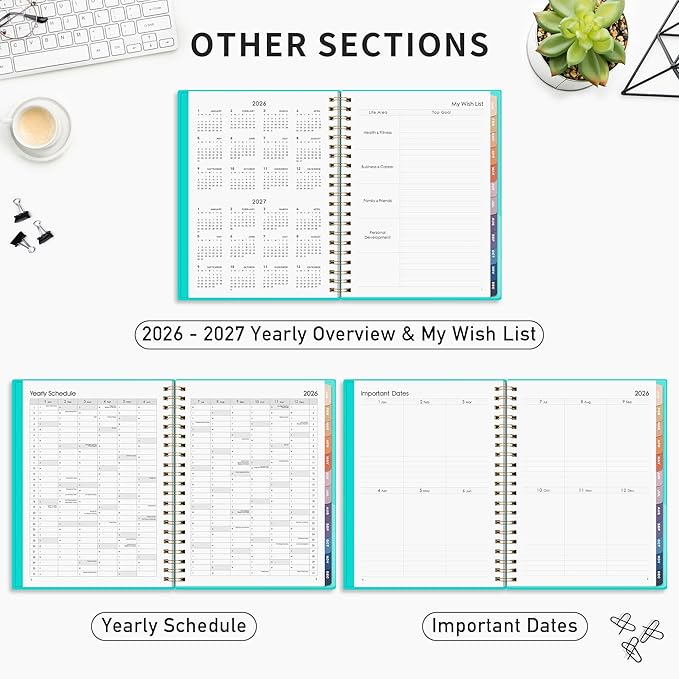 RETTACY 2026 Planner, Weekly and Monthly, Large Size (8.5" x 11"), Jan - Dec 2026, Agenda, Calendar, 12 Month Tabs, Flexible Plastic Cover, 100 GSM Thick Paper, Spiral-bound (Tiffani Blue)
