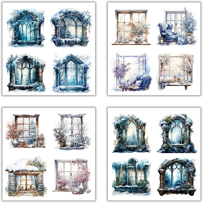 XERE 80 Pcs Picturesque Windows Four Seasons Sticker Book for Journaling Notebooks, Sketchbook, Bookmark Making, Junk Journal, Budget Planner, Scrapbook Art Supplies Stickers