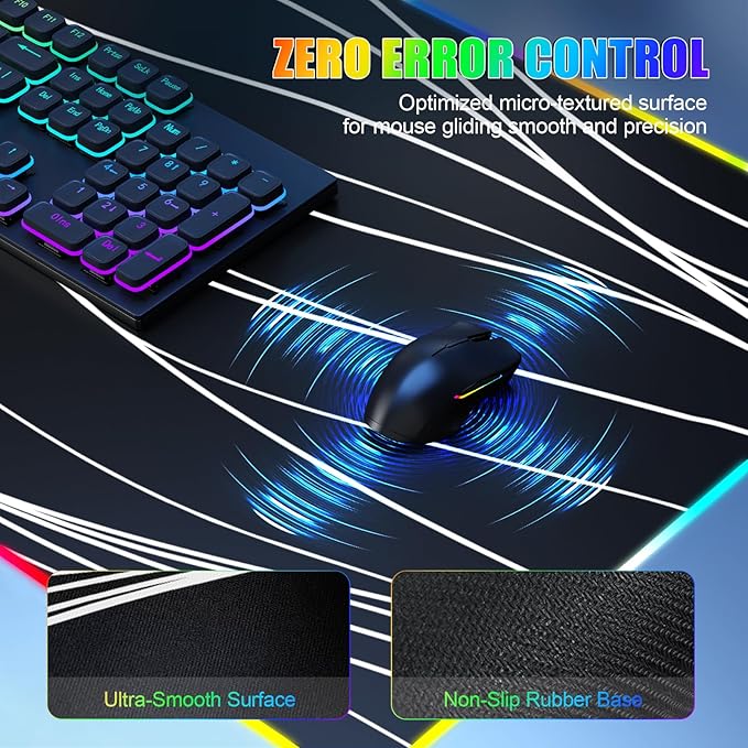 Mouse Pad with Phone Holder, Wireless Charging Desk Mat, RGB Gaming Mousepad Home Office Large Desk Pad with Ultra-Smooth Surface, Non-Slip Base, Waterproof Keyboard Pad,Wavy Black