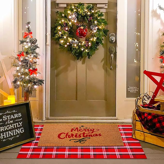 Christmas Red Green White Plaid Rug, 28" x 43" Cotton Hand-Woven Buffalo Check Layered Door Mat for Front Porch, Entryway, Outdoor Holiday Decor, Washable Farmhouse Rug for Home, Patio, Kitchen