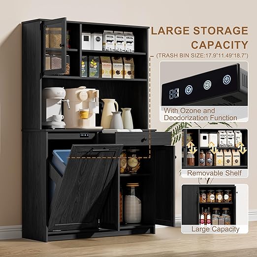 OLD CAPTAIN Tilt Out Trash Cabinet with Deodorising Function, Kitchen Hutch with Microwave Shelf and Drawer, Kitchen Pantry with Trash Cabinet for 10 Gallons, Black