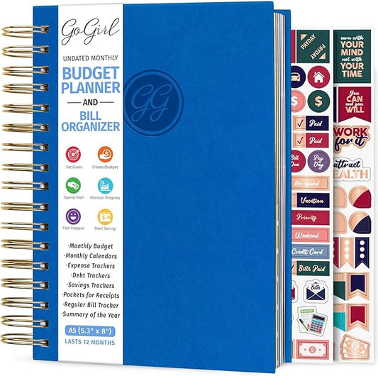 GoGirl Budget Planner & Monthly Bill Organizer – Monthly Financial Book with Pockets. Expense Tracker Notebook Journal, Compact (Blue)