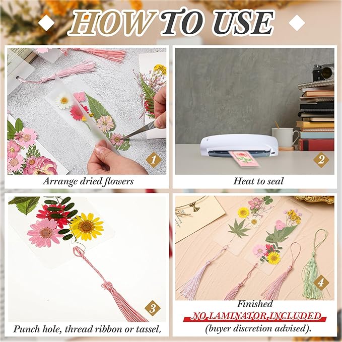 150 Pcs DIY Pressed Dried Flower Bookmark Making Kit, DIY Bookmark Bulk Thanksgiving Teacher Gifts for Reading Women Book Lovers(2 x 6 Inch,Pink)