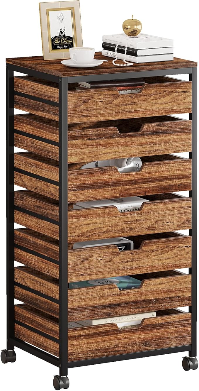 Tribesigns 7 Drawer Chest, Wood Storage Dresser Cabinet with Wheels, Industrial Storage Drawer Organizer Cart for Office Bedroom Entryway (Rustic Brown, 1 PC)