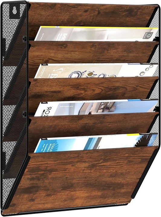 Metal Wall File Holder Organizer, 5-Tier Mesh Hanging Wall File Organizer, Magazine Rack With Pockets, Wood Document Holder for Office Home, Brown