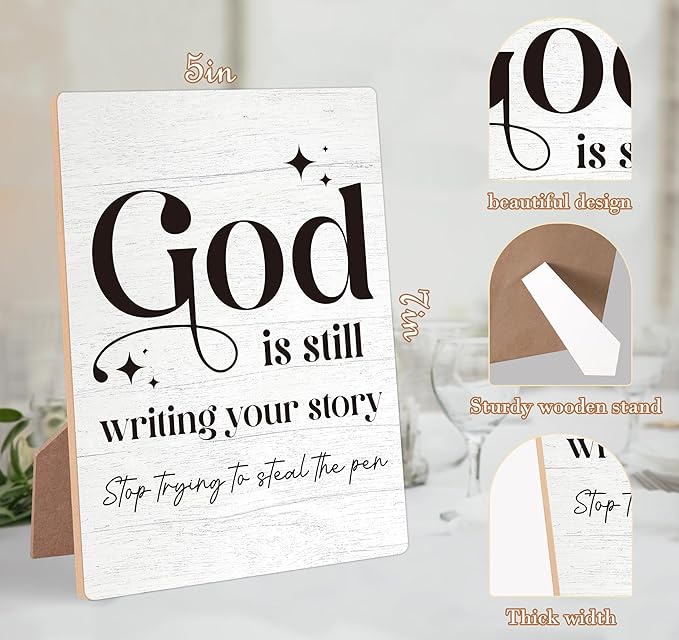 God Is Still Writing Your Story Wooden Sign with Stand, Bible Verses Decor, Christian Home Decor, Desk Signs for Office, Christian Gifts, Coworker Gifts, Encouragement Gifts for Women Men Friend,9