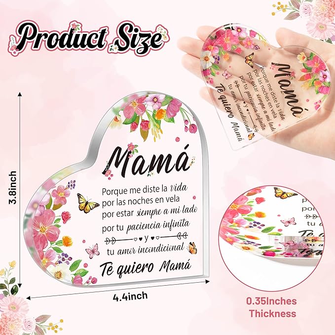Yopyame Gifts for Mom Birthday - Regalos para Mamá Acrylic Gifts Spanish Mom Acrylic Heart Keepsake Paperweight from Daughter Son Mother's Day Birthday Christmas Valentines Acrylic Sign Plaque for Mom