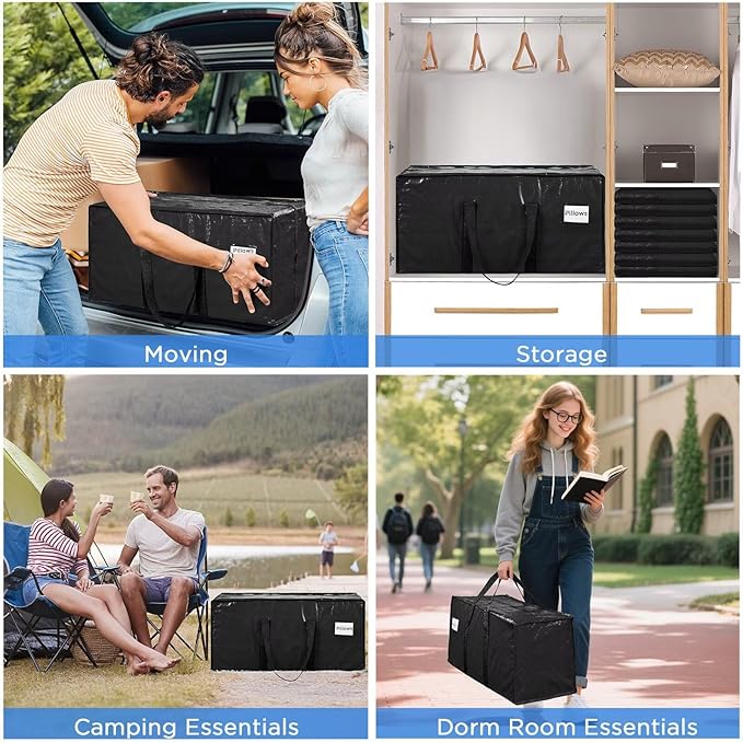 Extra Large Moving Bags Heavy Duty Storage Bags with Zipper Handles, BETU 4 Pack Clothes Storage Totes Bins Packing Moving Boxes, Moving Supplies for College Dorm Essentials, Space Saving, Black