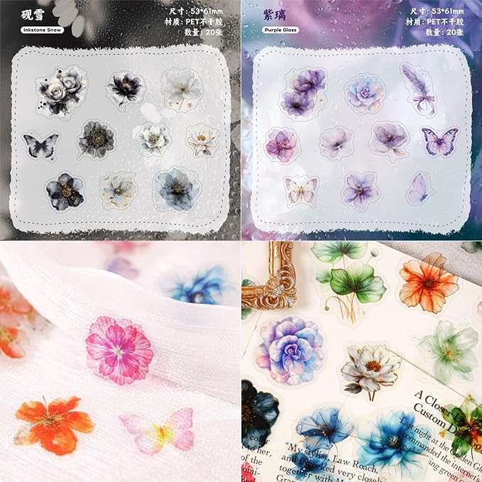 120 Pieces Vintage Floral Themed Scrapbook Stickers, 6 Pack Aesthetic Decorative Flower Stickers for Scrapbooking Planner Junk Journal Supplies Collage