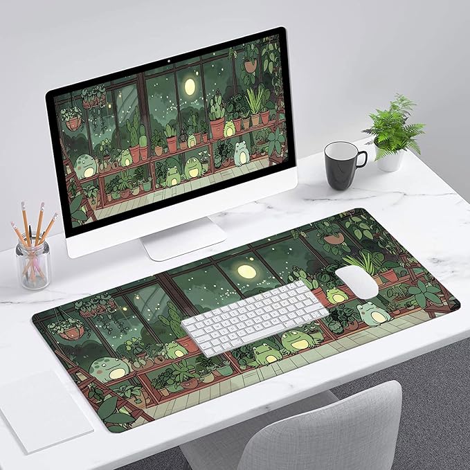 Cute Frog Desk Mat Gaming Mouse Pad Cartoon Kawaii Green Potted Mousepad XL Large Gaming Mouse Pad Laptop Keyboard Mat Desk Pad Office Home Decor for Women Girl 31.5"x11.8"