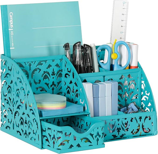 EasyPAG Pen Holder Desk Organizer with Drawer Pencil Cup for Desk 6 Compartments Metal Office Caddy Storage with Sticky Notes Holder for School Home Office, Dark Teal