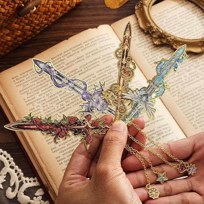 4Pcs Fantasy Sword Bookmarks for Books Journals Planners, Cool Forth Wing Metal Book Marker for Reading Women Men, Unique Book Marks Gifts for Book Lovers, Reading Accessories for Students Adults Kids