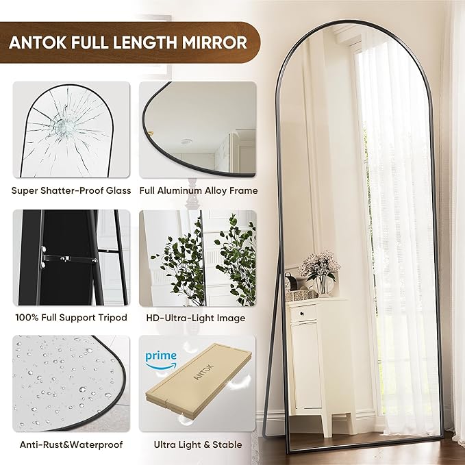 Antok Full Length Mirror, 71"x28" Arched Floor Mirror, Glassless Mirror Full Length with Stand, Floor Mirrors Freestanding, Wall Mounted Mirrors for Living Room, Black
