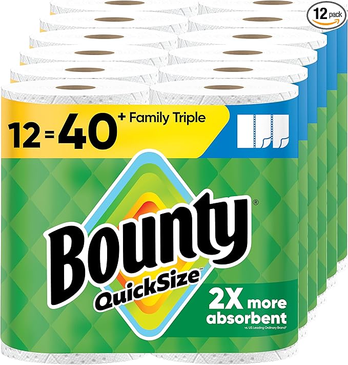 Bounty Quick-Size Paper Towels, White, 12 Family Triple Rolls = 40 Regular Rolls