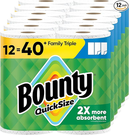Bounty Quick-Size Paper Towels, White, 12 Family Triple Rolls = 40 Regular Rolls