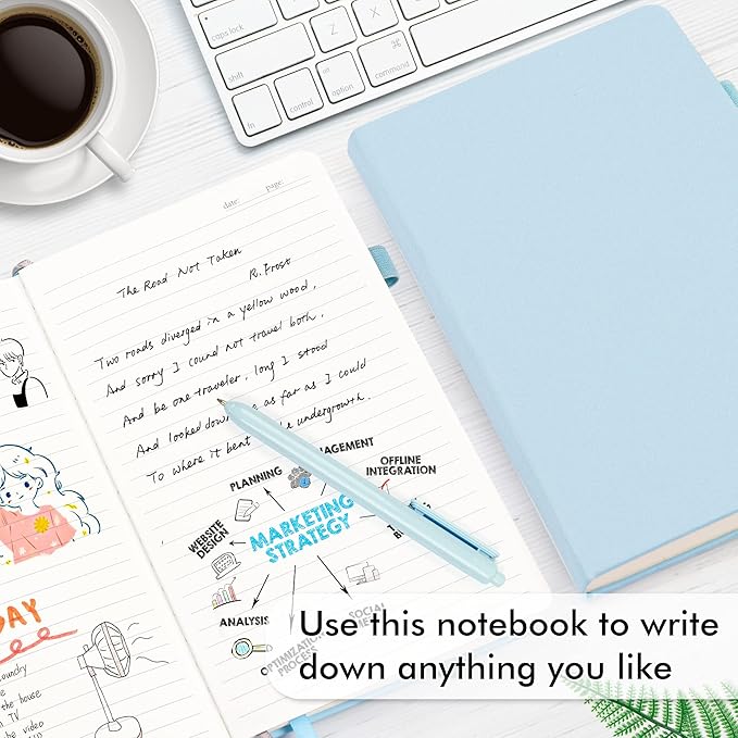 feela 18 Pack Journal Notebook for Work, Business Notebook Bulk Hardcover Lined Writing Journal with Pen Holder for Men Women Note Taking, with 18 Black Pens, 120 GSM, 5.1”x8.3”, A5, Light Blue