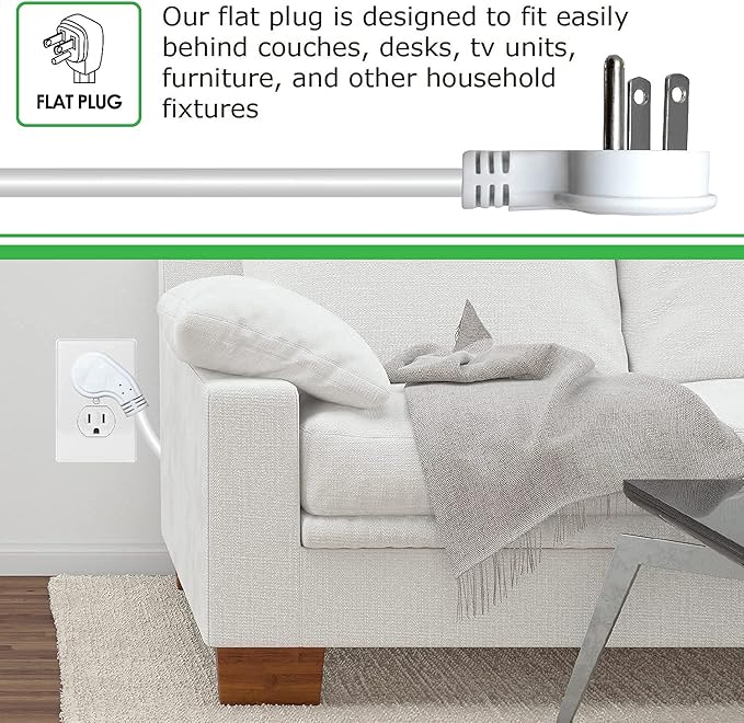 Digital Energy 15 FT 8 Outlet Surge Protector Power Strip - 15 AMP, 1875 W, 125 V, 350 J Surge Protection, ETL Listed - Flat Plug, White