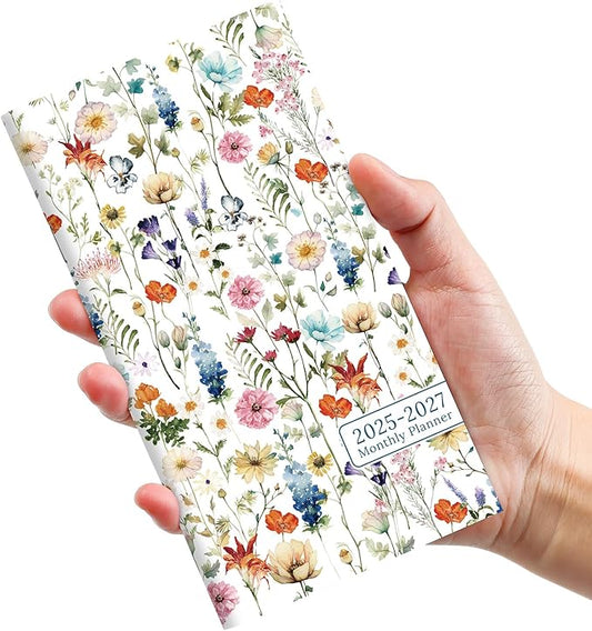 Pocket Calendar 2025-2027 for Purse, Two Year Monthly Planner Pocket Size, Jul 2025 to Jun 2027 Monthly Planner Small Size (6.5" x 3.5")-Wildflower