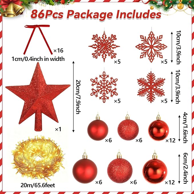 86Pcs Led Light Red Christmas Tree Decorations Set 100 Led Light Christmas Star Trees Topper with String Lights Xmas Balls Snowflakes Ornaments Bows Xmas Trees Decor 20m Light String