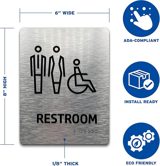Brushed Aluminum Restroom Sign (Modern - Brushed Aluminum) - Bathroom Sign, Bathroom Signs for Business, Restroom Signs for Business - Made in USA