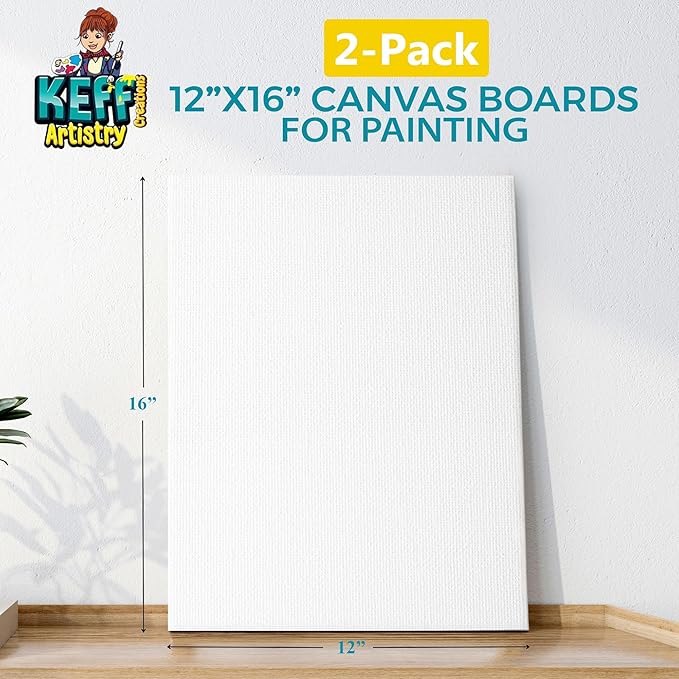 KEFF Canvas Boards for Painting - 12x16 2-Pack Bulk Canvas Panels, 100% Cotton Triple Primed Large Canvases for Art Painting Supplies, Acrylic, Oil, Watercolor & Tempera