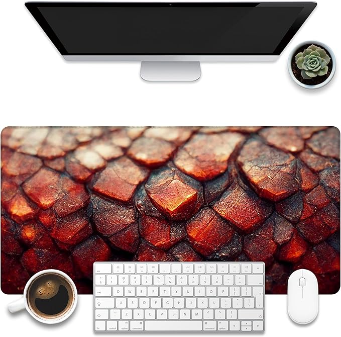 Desk Mat, Red Fire Dragon Scales Desk Pad, Cool Dragon Large Gaming Mouse Pad for Desk, 31.5"x15.7" Extended Big Computer Keyboard Mouse Pad with Non-Slip Base and Stitched Edge