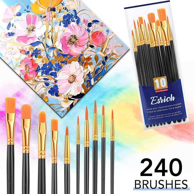 ESRICH Acrylic Paint Brushes Set, 24 Packs / 240 Pcs Watercolor Brushes,Nylon Brush Head, for Oil Painting, Gouache, Face,Ceramics etc, Kid's and Adults Painting Arts and Crafts Sets.(Black)
