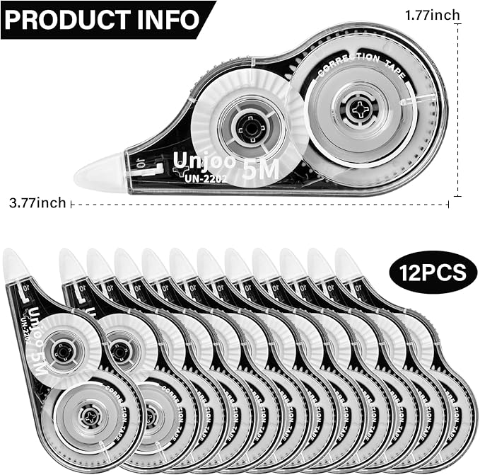 White Correction Tape Dispenser, Fast Clean and Easy to Use Tear-Resistant Tape, For school Supplies, Office (12pack, 5M/196" x 0.2", White)