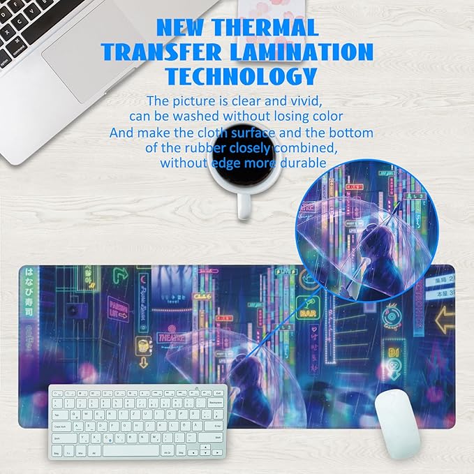 Desk Mat, Neon City Rainy Night Extended Gaming Mouse Pad Large, 31.5"x11.8" Big Mouse Pad with Non-Slip Base and Stitched Edge, Long Computer Keyboard Mouse Mat for Home Office Work