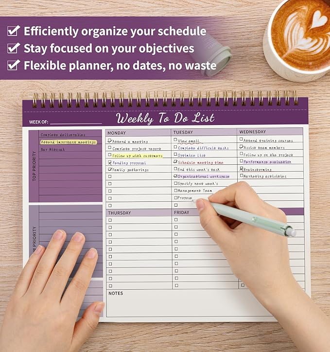 Weekly To Do List Notepad, 52 Undated Sheets （8.5"×11") Duplex-Printed Weekly Desk Planner For Work Home School Office Desk Accessories Supplies & Goal Setting Tasks - Purple
