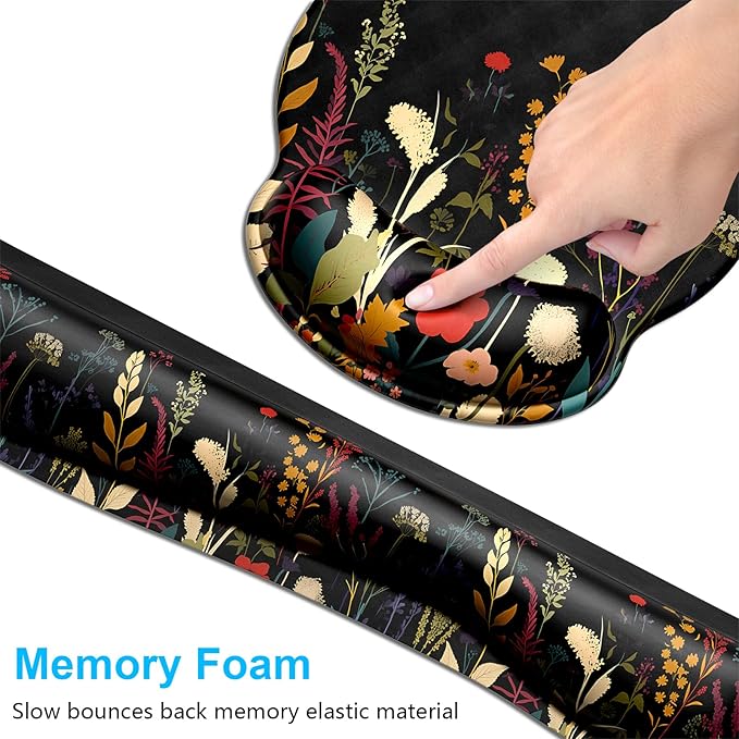 Dapesuom Keyboard Wrist Rest and Mouse Pad with Wrist Support, Cute Memory Foam Cushion for Keyboard and Mouse Set, Desktop Pad Rests with Non Slip Base for Easy Typing & Pain Relief, Floral Cartoon