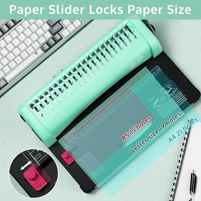 OFFNOVA Binding Machine, 21-Hole 450 Sheets Paper Comb Punch Binder Machine for Letter Size / A4 / A5 Paper, Easy to Punch Handle, Adjustable Margin