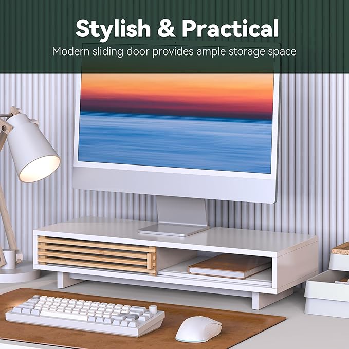 Monitor Stand Riser with Sliding Door, Computer Laptop Stand Desk Shelf Organizer with Storage (White + Natural Bamboo, 25 Inch)
