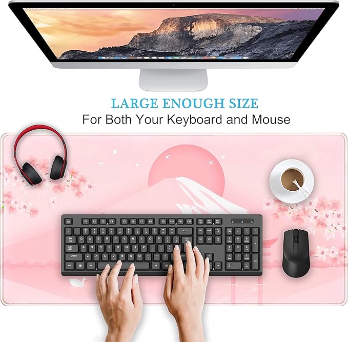Cherry Blossom Mouse Pad Kawaii Pink Floral Desk Mat, Japanese Pastel Sakura Large Anime Gaming Mousepad XXL, Cute Aesthetic Mount Fuji Japan Keyboard Mats for Women Office Desk Pads 31.5"x15.75"