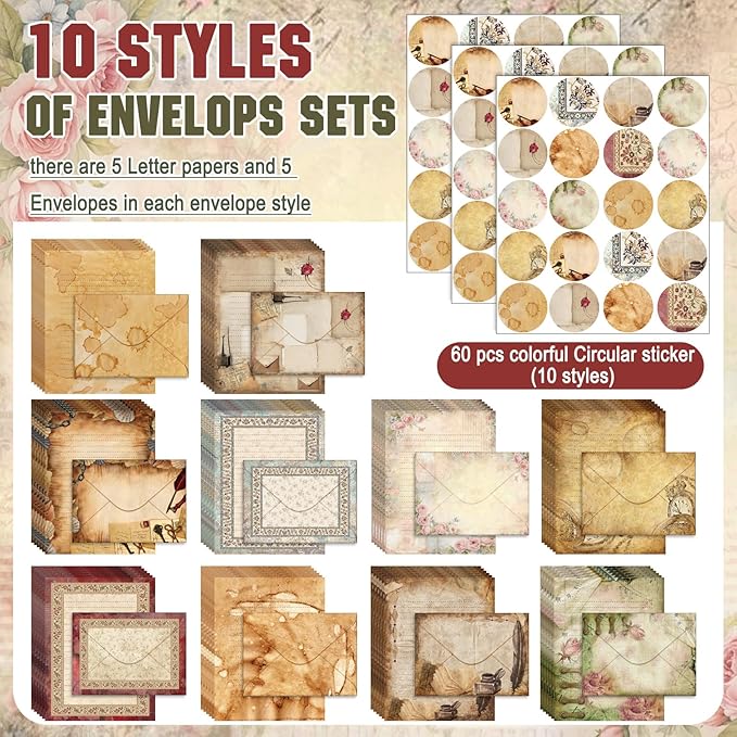 TaoBary 160 Pcs Stationery Paper Set 50 Double Sided Stationery Papers with 50 Matching Envelopes and 60 Round Dot Sticker, 10 Design(Lace Edged Scrapbook,5.5 x 8.25 Inch)