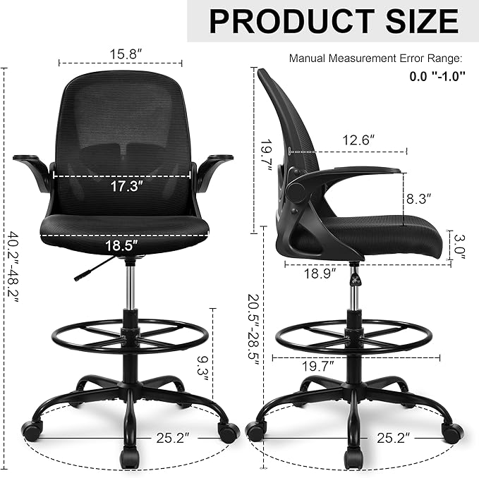 Primy Drafting Chair Tall Office Chair with Flip-up Armrests Executive Ergonomic Computer Standing Desk Chair with Lumbar Support and Adjustable Footrest Ring (Black)